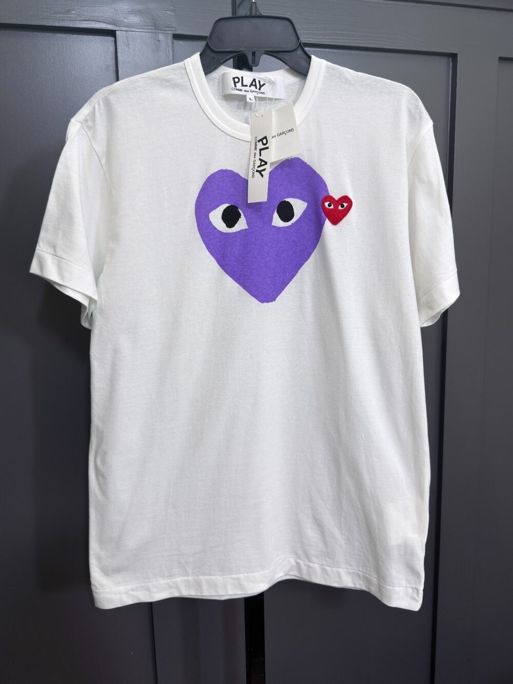 Comme des Garçons PLAY Purple Heart Logo T-Shirt White Short Sleeve NWT